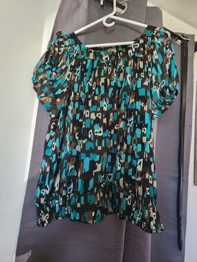 dressbarn Teal, Brown and Black Abstract Print Peasant Blouse